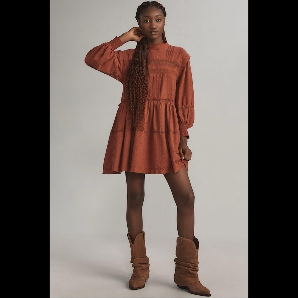 NWT Anthropologie Pilcro Long Sleeve Mock‎ Neck Swing Tiered Mini Dress Medium